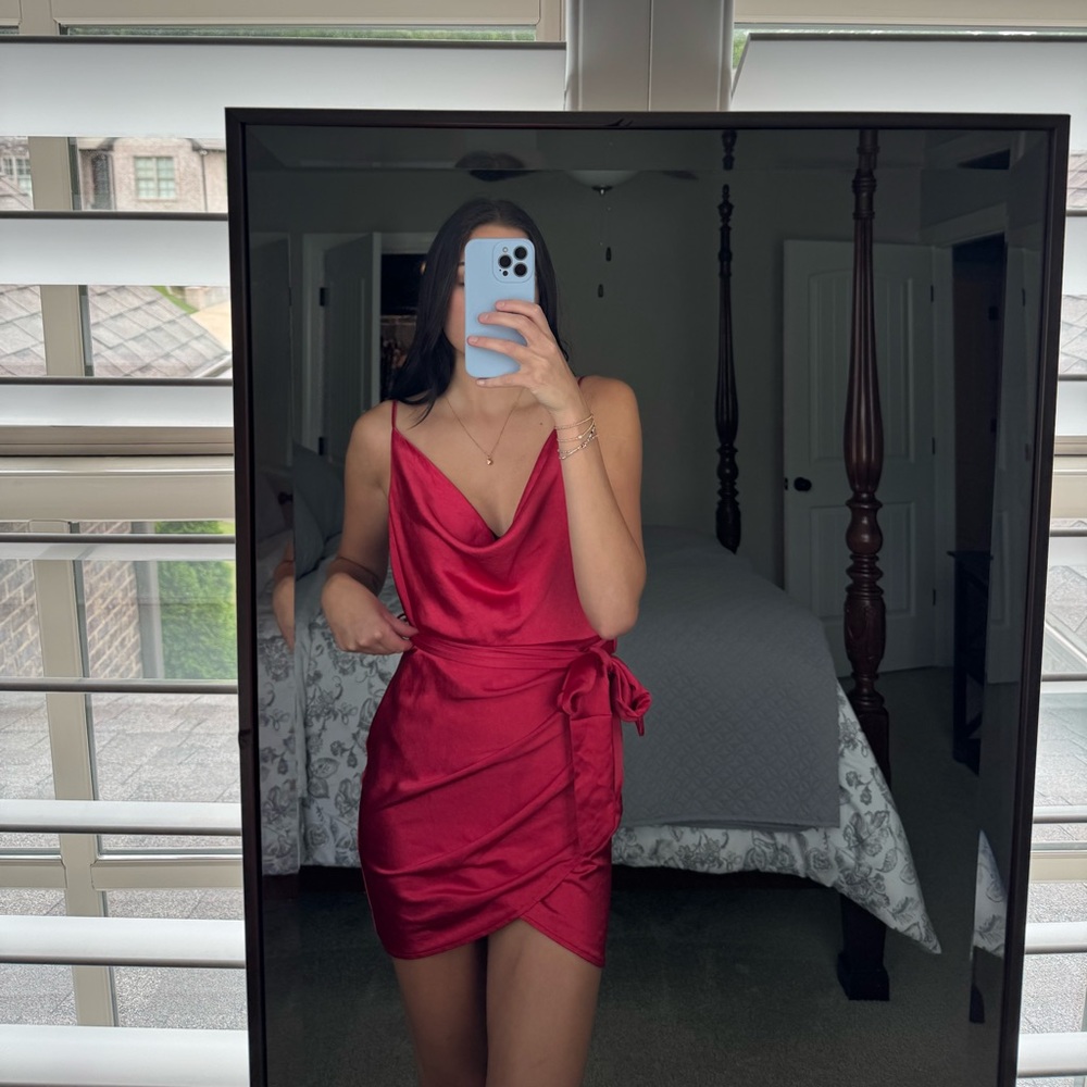 Red silky dress. Cowl neck with bow